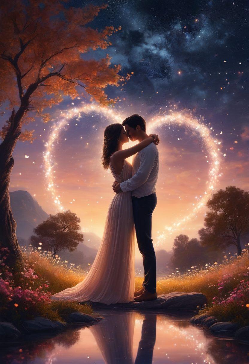 A dreamy landscape featuring a couple entwined in an embrace under a starry night sky, surrounded by soft glows of warm lights and floating hearts. Incorporate elements of nature like blooming flowers and a gentle breeze, symbolizing love and devotion. Include ethereal colors that evoke feelings of passion and tenderness. super-realistic. vibrant colors. romantic atmosphere.