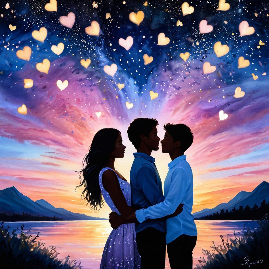 A whimsical scene depicting a couple sharing a tender moment under a twilight sky filled with twinkling stars, surrounded by floating hearts and soft glowing lights. The expressions of joy and love on their faces should convey the depth of their bond, reflecting the magic of romance. Include subtle elements like rose petals and a gentle breeze in the background. painting. vibrant colors. dreamy atmosphere.